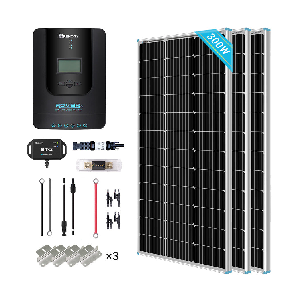 300W/360W 12V/24V Monocrystalline Solar Premium Kit w/Rover 40A Charger Controller