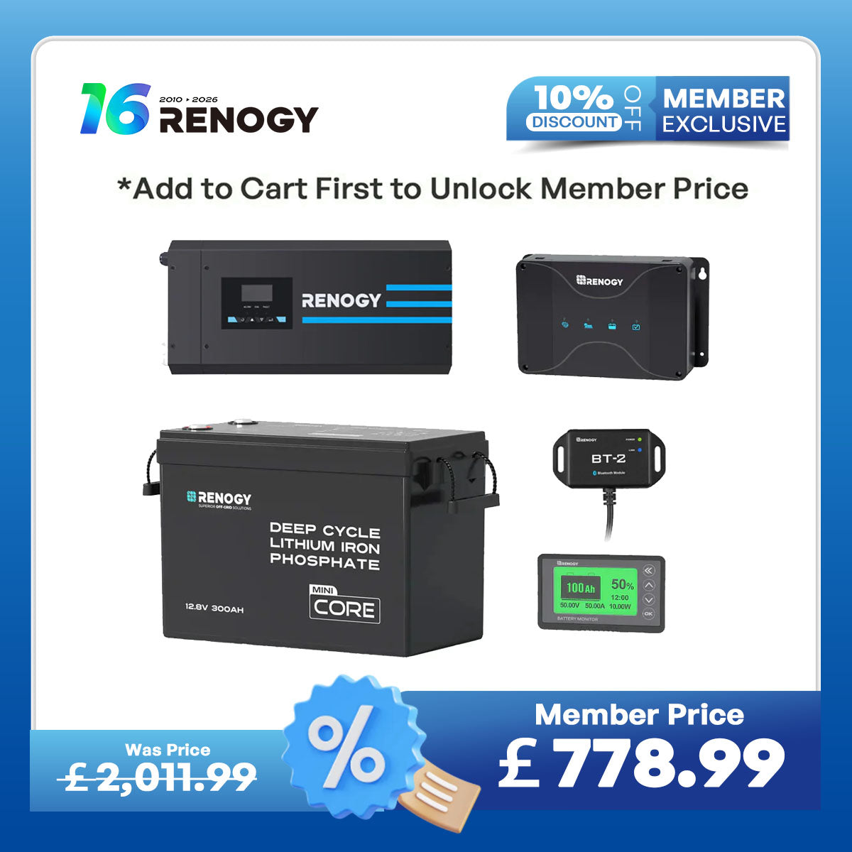 3.84kWh Motorhome Power Kit | 300Ah LiFePO4 Battery, 2000W Inverter