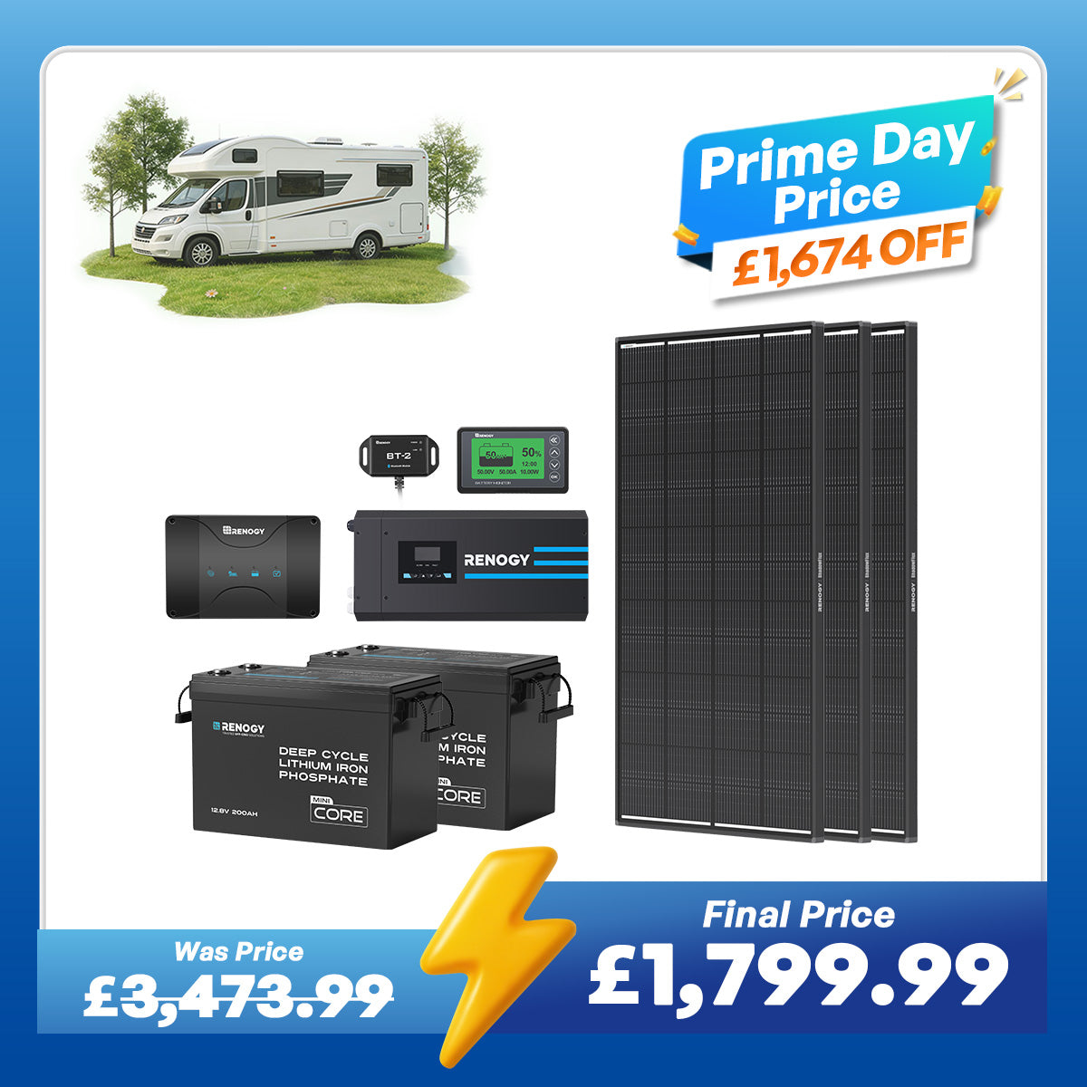 5.12kWh Hybrid Power System | 3000W Inverter Charger, 200Ah LiFePO4 Batteries