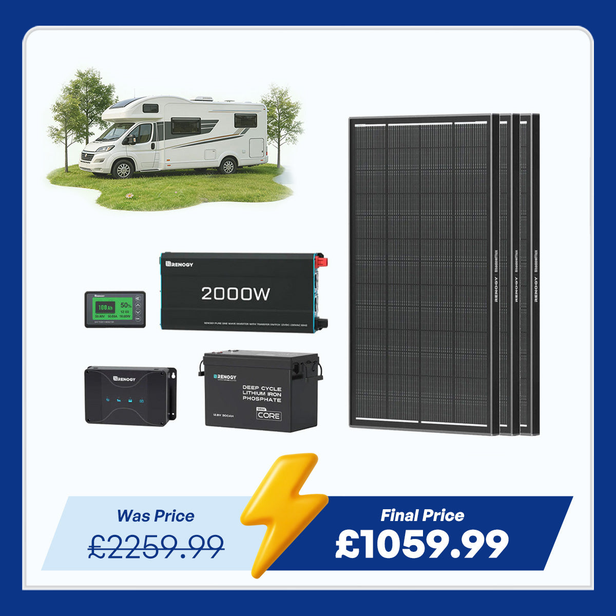 3.84kWh Motorhome Power Kit | 300Ah LiFePO4 Battery, 2000W Inverter
