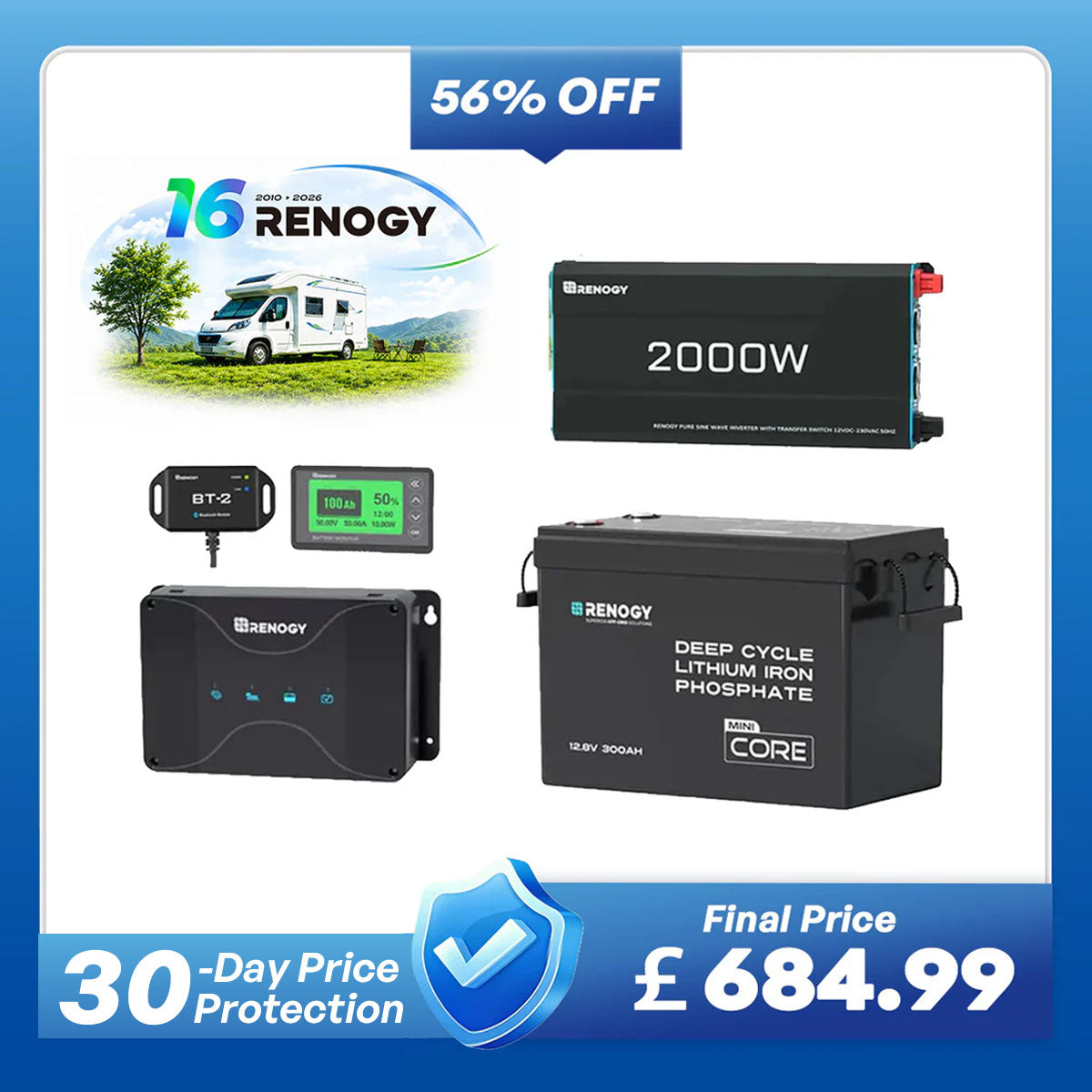 3.84kWh Motorhome Power Kit | 300Ah LiFePO4 Battery, 2000W Inverter