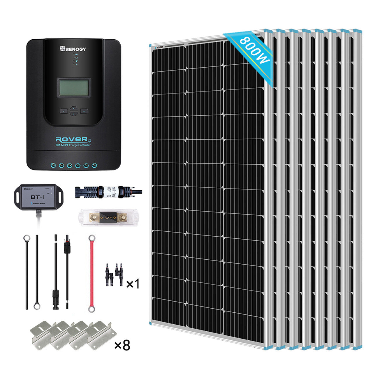 800W 12V/24V Monocrystalline Solar Premium Kit w/Rover 60A Charger Controller