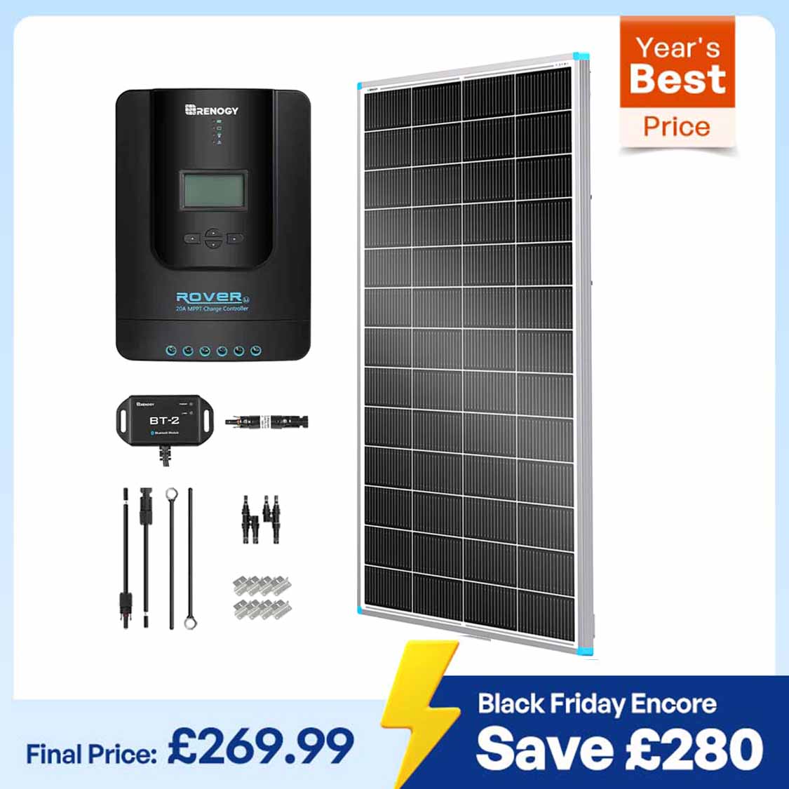 200W 12V/24V Monocrystalline Solar Premium Kit w/Rover 20A Charger Controller