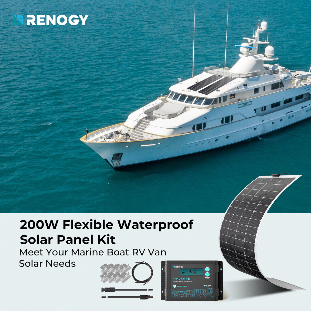 200W 12V Flexible Solar Marine Kit w/ 20A Voyager Waterproof Charge Controller