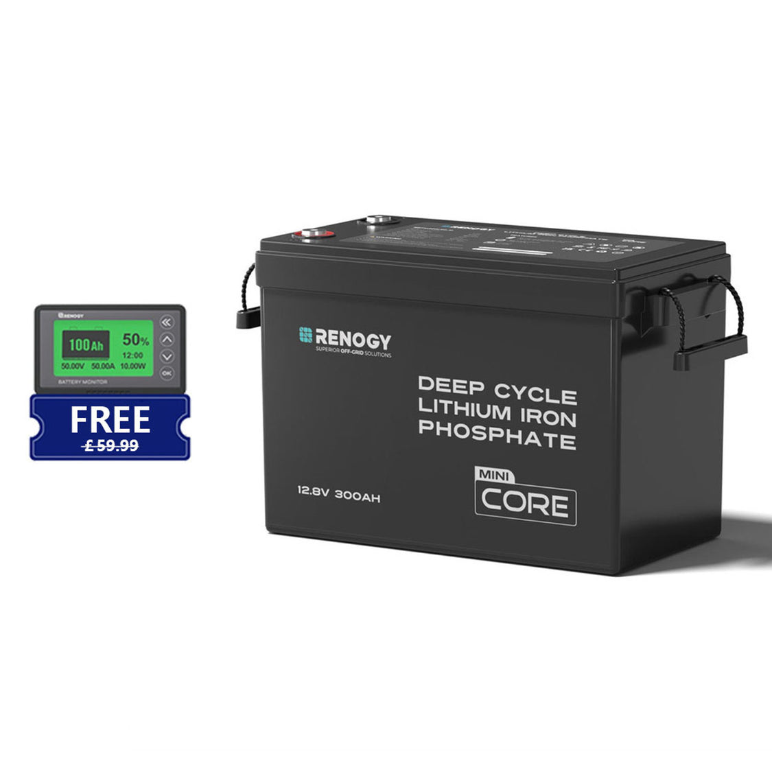 Renogy 12.8V 300Ah Mini Lifepo4 Battery With 500A Monitor