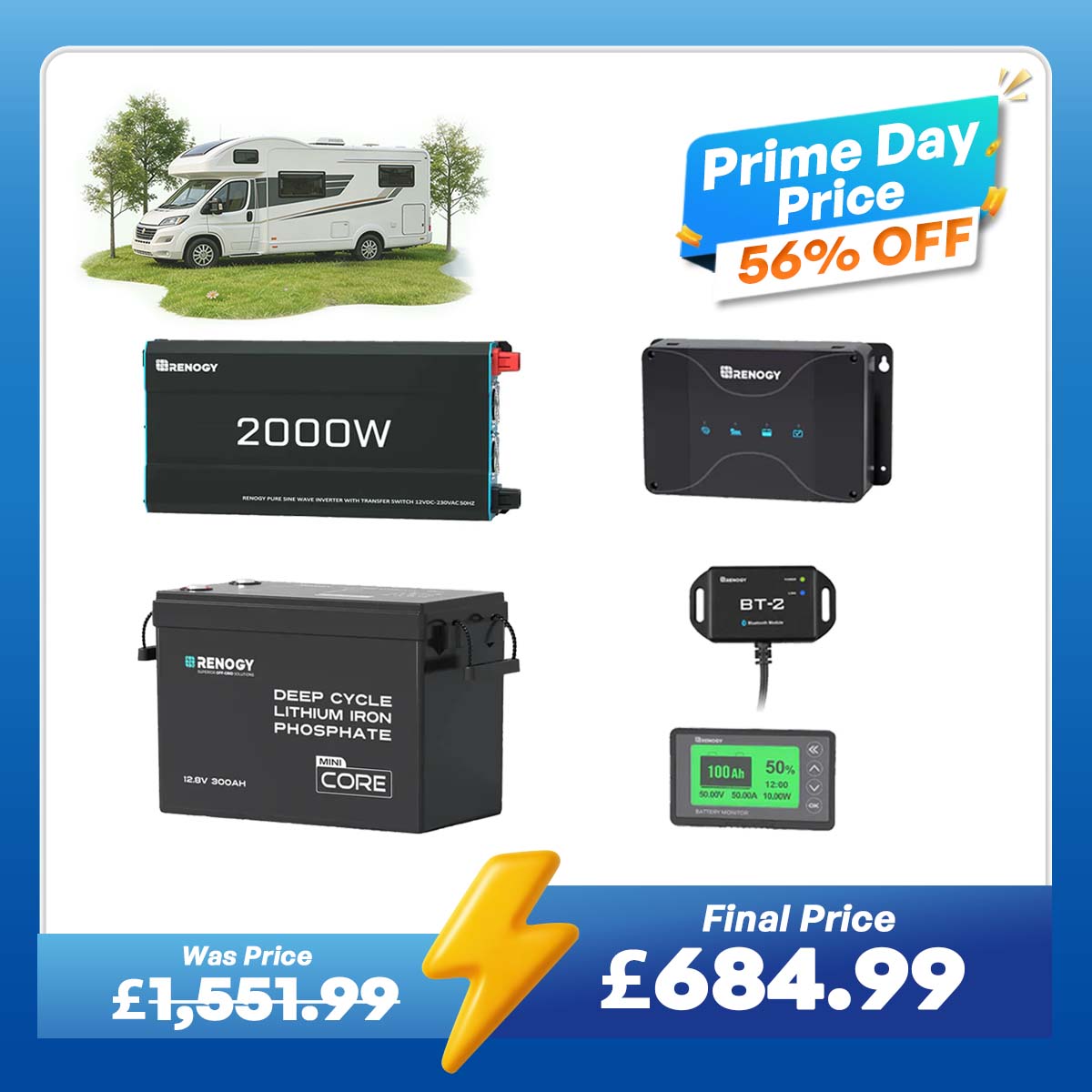 3.84kWh Motorhome Power Kit | 300Ah LiFePO4 Battery, 2000W Inverter