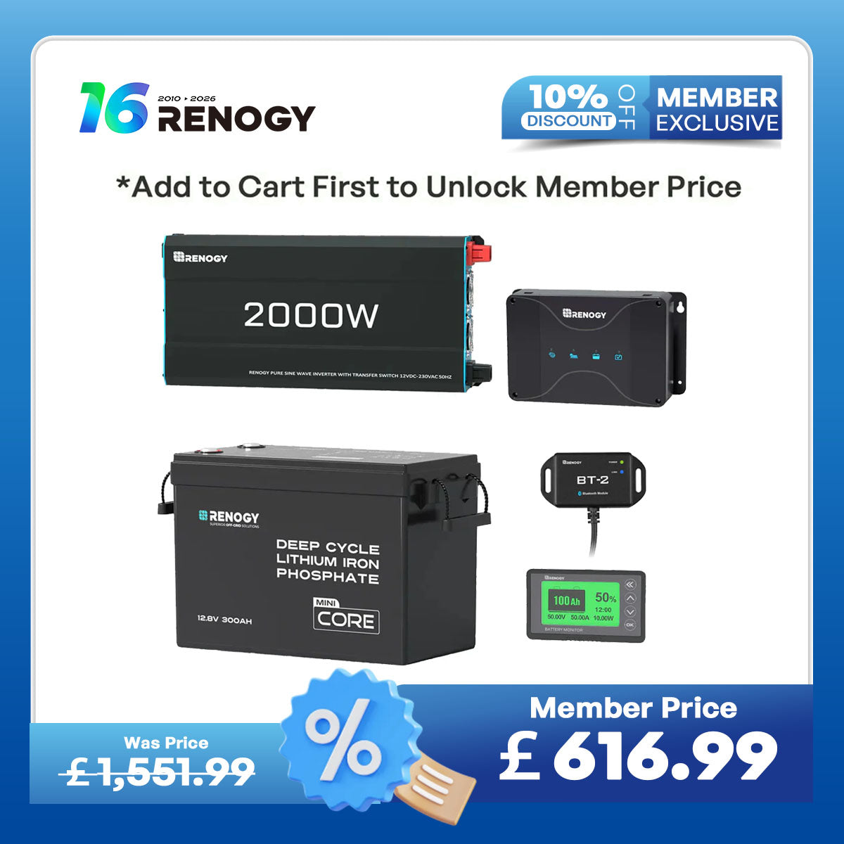 3.84kWh Motorhome Power Kit | 300Ah LiFePO4 Battery, 2000W Inverter