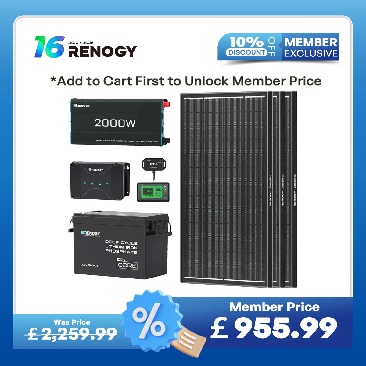 3.84kWh Motorhome Power Kit | 300Ah LiFePO4 Battery, 2000W Inverter