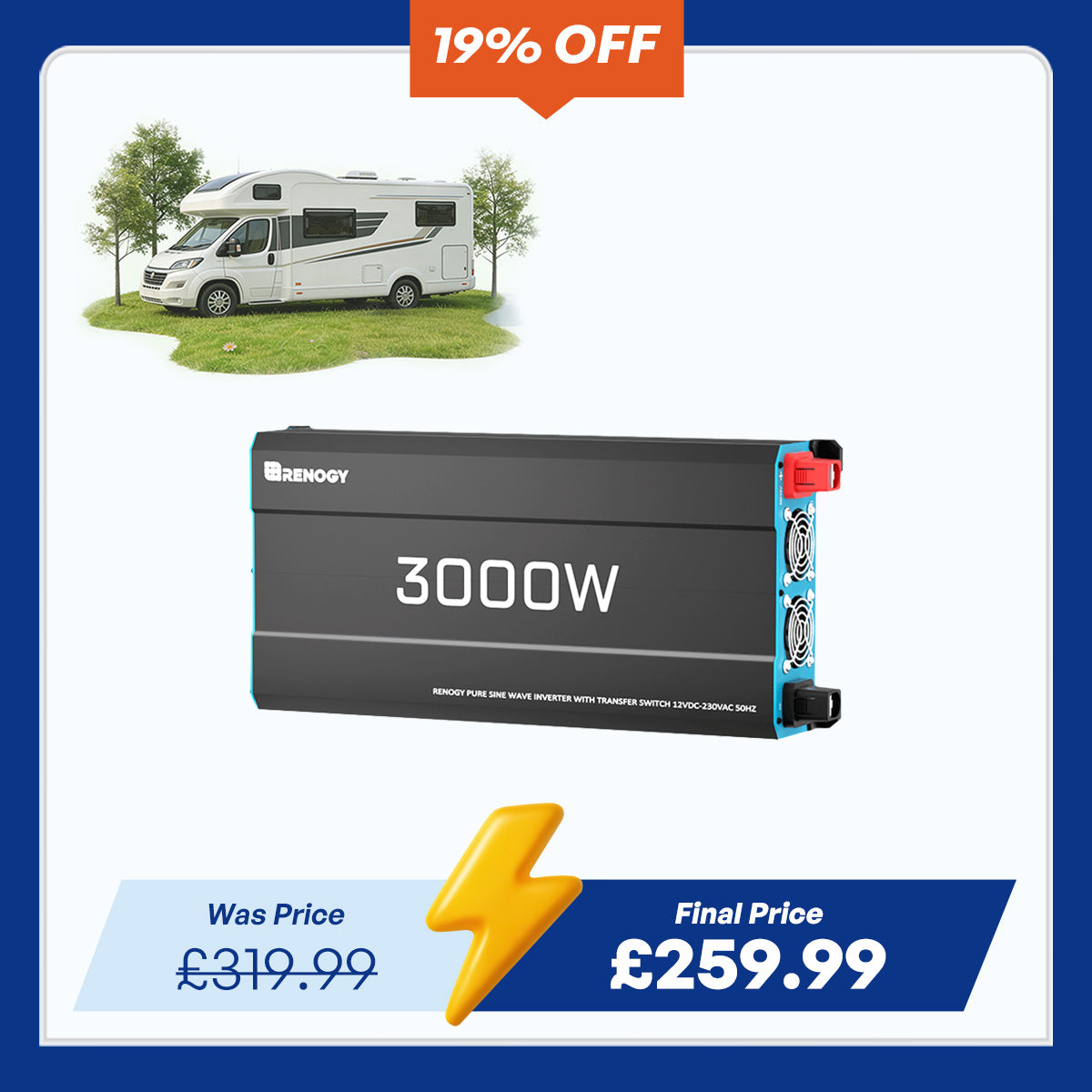 3000W 12V Solar Inverter Pure Sine Wave DC to AC for Camper Van Motorhome Off-Grid