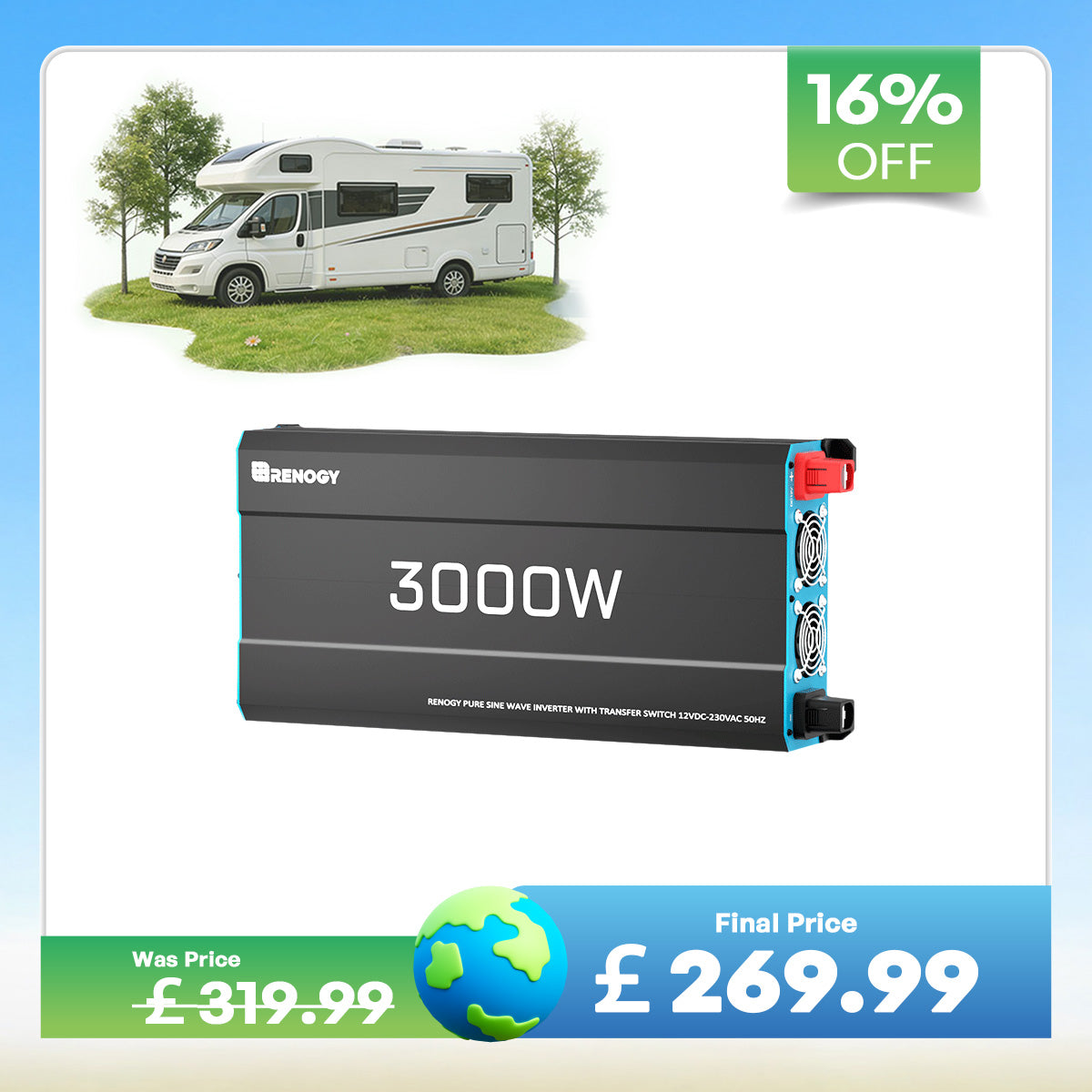 2000W Pure Sine Wave Inverter 12V to 230V with UPS Backup