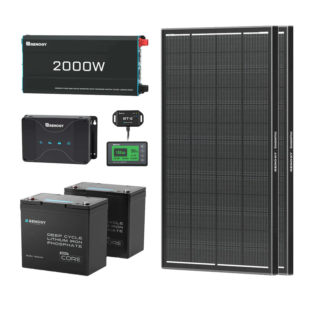 2.56kWh Motorhome Power Kit | 2 Pack 100Ah LiFePO4 Battery, 2000W Inverter