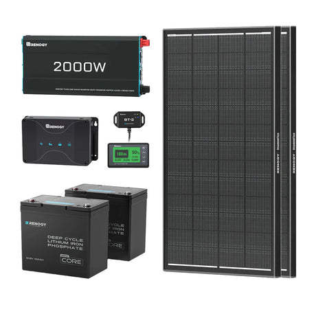 2.56kWh Motorhome Power Kit | 2 Pack 100Ah LiFePO4 Battery, 2000W Inverter