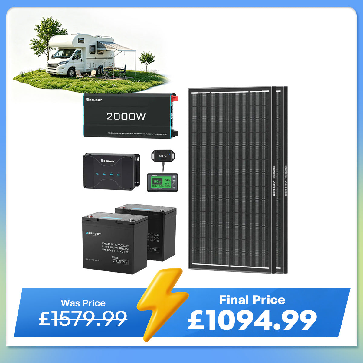2.56kWh Motorhome Power Kit | 2 Pack 100Ah LiFePO4 Battery, 2000W Inverter