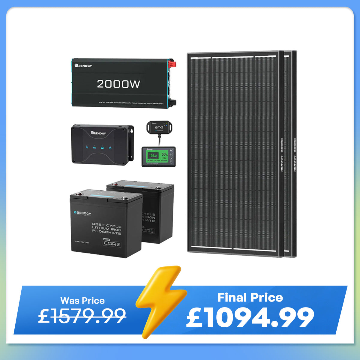 2.56kWh Motorhome Power Kit | 2 Pack 100Ah LiFePO4 Battery, 2000W Inverter