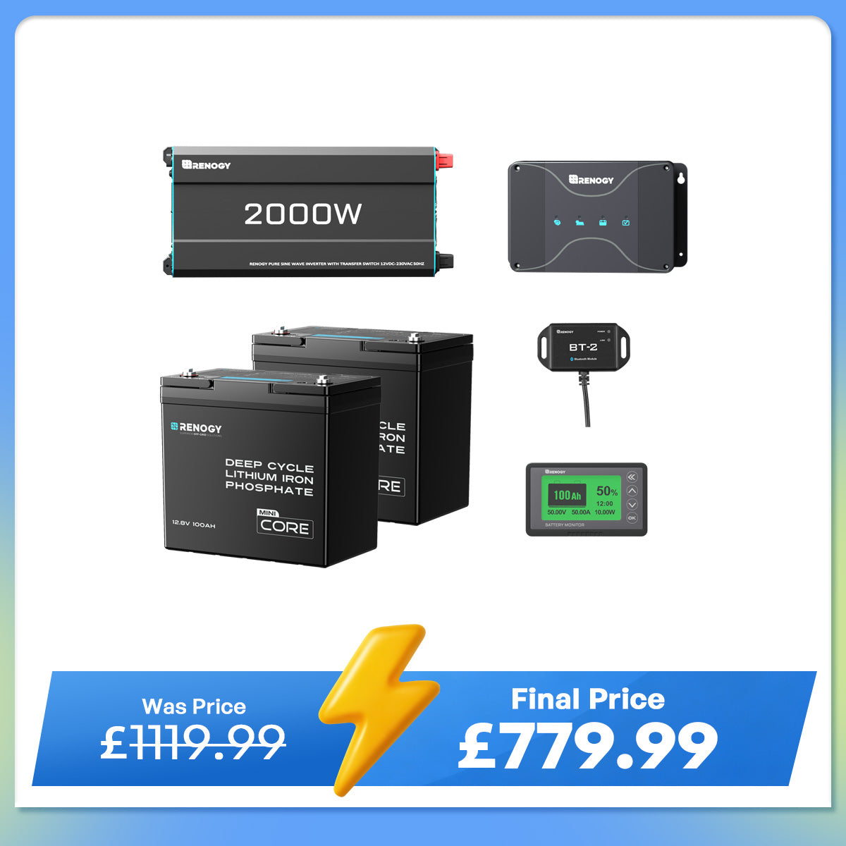 2.56kWh Motorhome Power Kit | 2 Pack 100Ah LiFePO4 Battery, 2000W Inverter