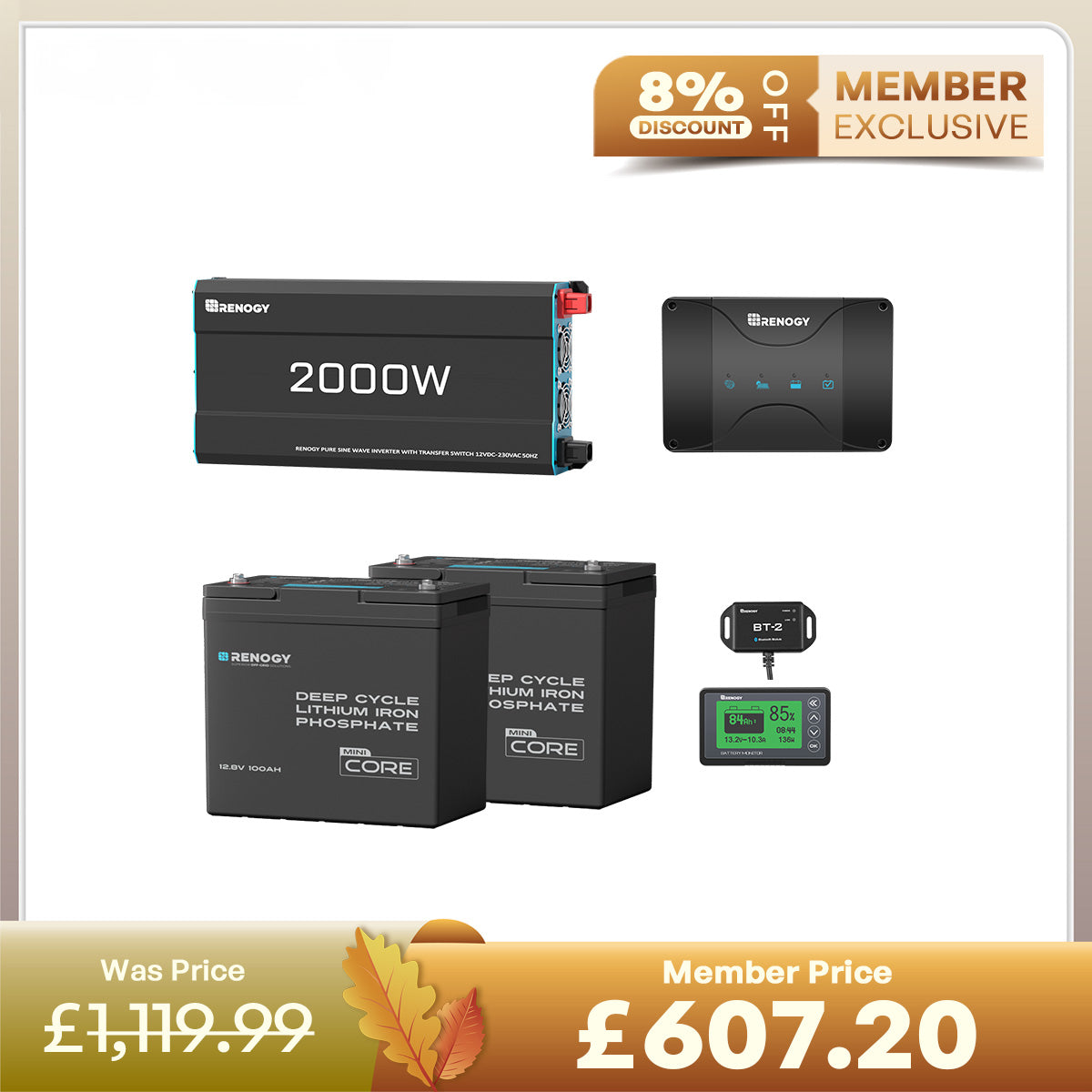 2.56kWh Motorhome Power Kit | 2 Pack 100Ah LiFePO4 Battery, 2000W Inverter