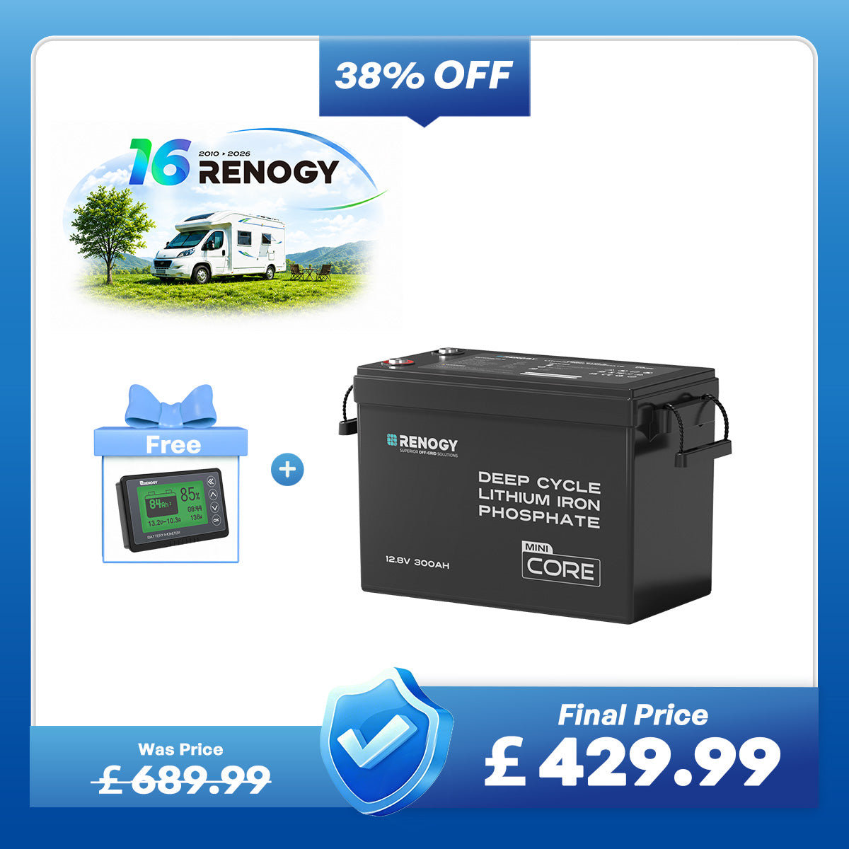Core Mini - 12.8V 300Ah Lithium Iron Phosphate Battery with 500A Monitor