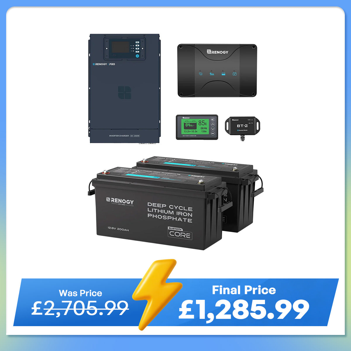 5.12kWh Hybrid Power System | 3000W Inverter Charger, 200Ah LiFePO4 Batteries