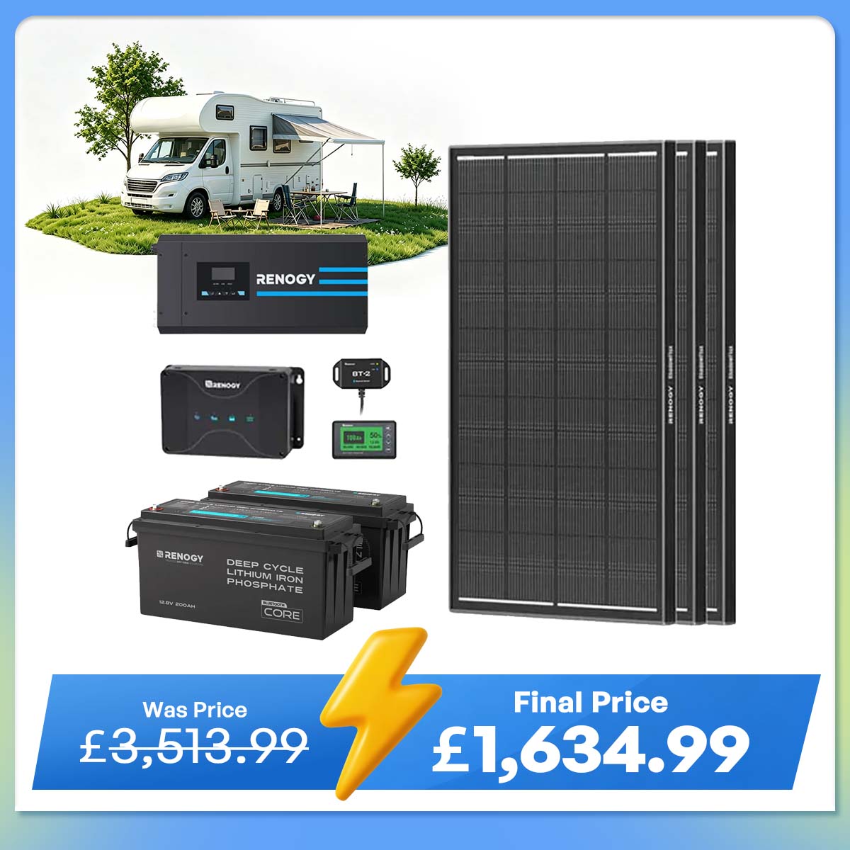 5.12kWh Hybrid Power System | 3000W Inverter Charger, 200Ah LiFePO4 Batteries