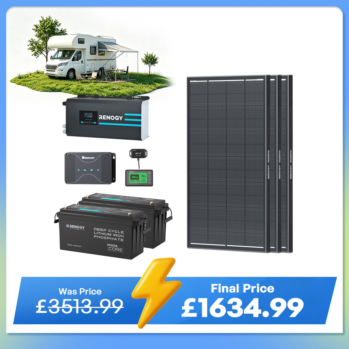 5.12kWh Hybrid Power System | 3000W Inverter Charger, 200Ah LiFePO4 Batteries