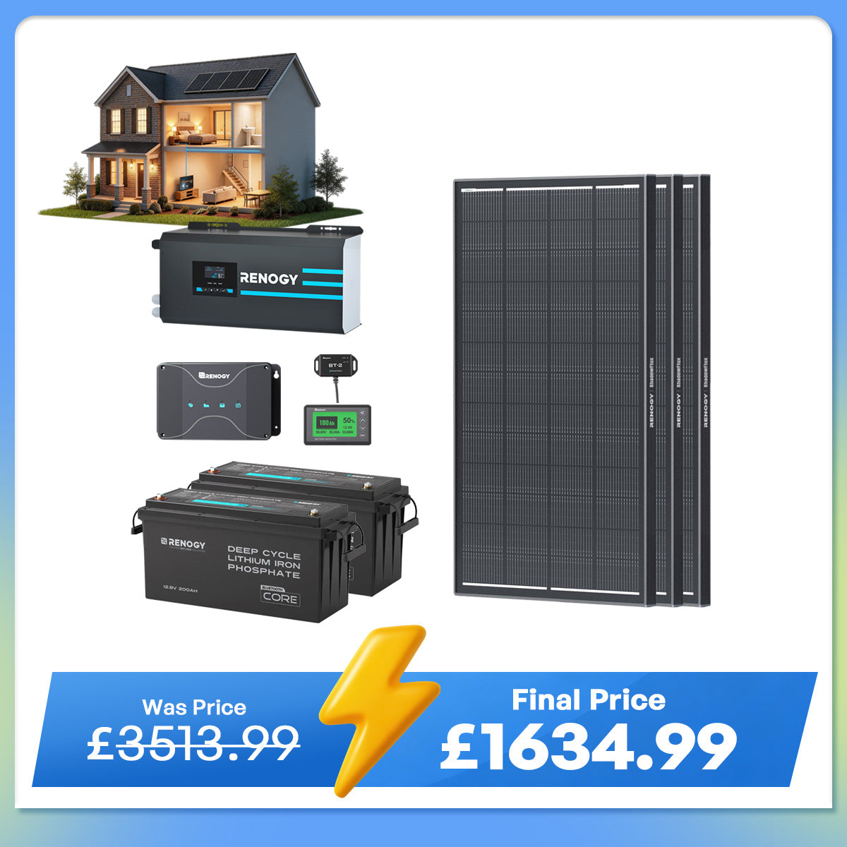 5.12kWh Hybrid Power System | 3000W Inverter Charger, 200Ah LiFePO4 Batteries