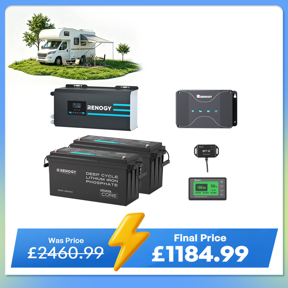 5.12kWh Hybrid Power System | 3000W Inverter Charger, 200Ah LiFePO4 Batteries