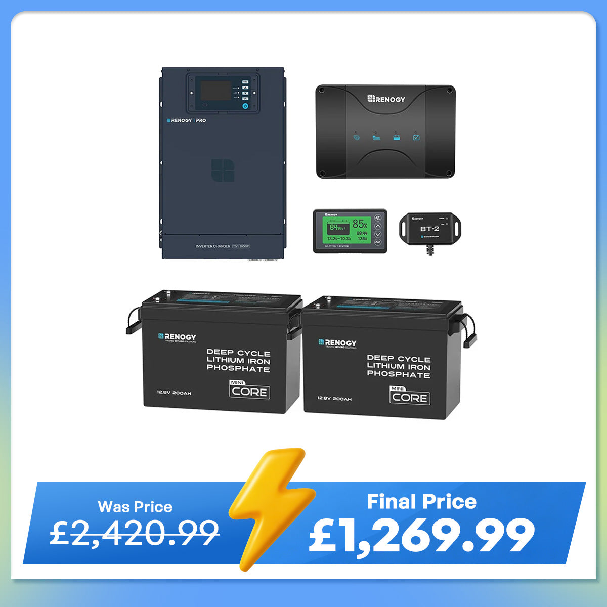 5.12kWh Hybrid Power System | 3000W Inverter Charger, 200Ah LiFePO4 Batteries