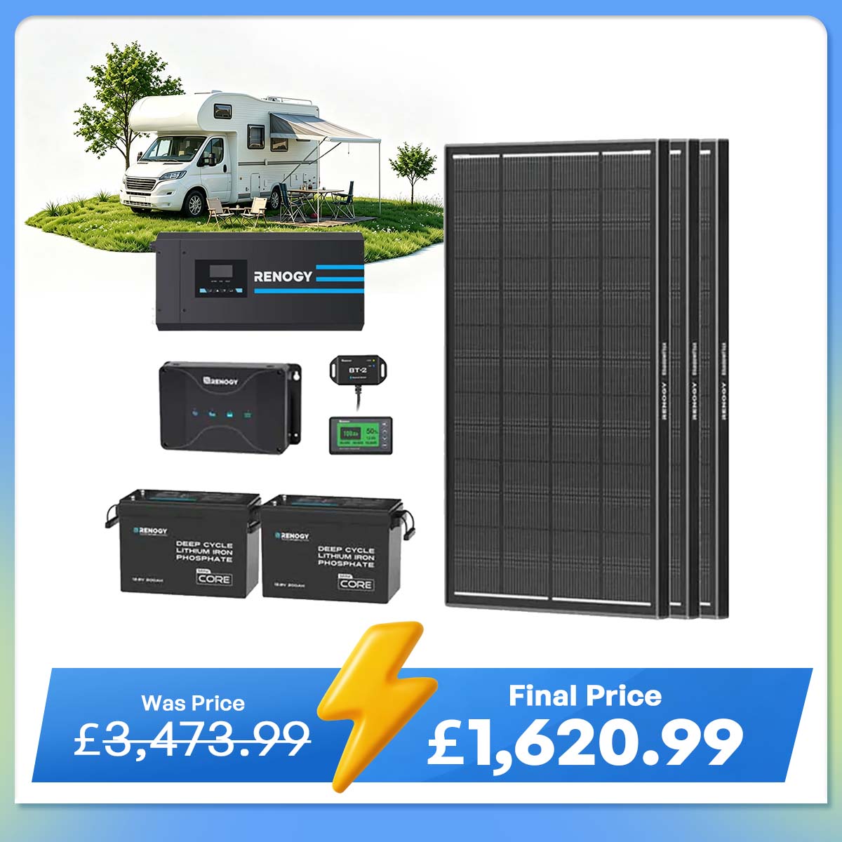 5.12kWh Hybrid Power System | 3000W Inverter Charger, 200Ah LiFePO4 Batteries