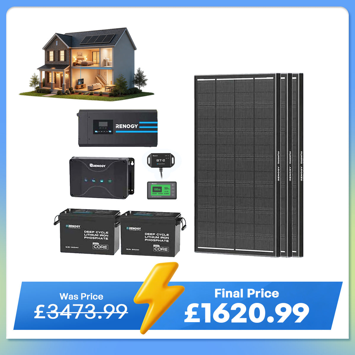 5.12kWh Hybrid Power System | 3000W Inverter Charger, 200Ah LiFePO4 Batteries