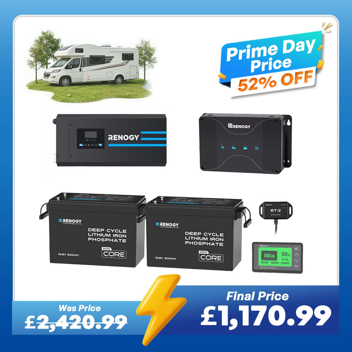 5.12kWh Hybrid Power System | 3000W Inverter Charger, 200Ah LiFePO4 Batteries