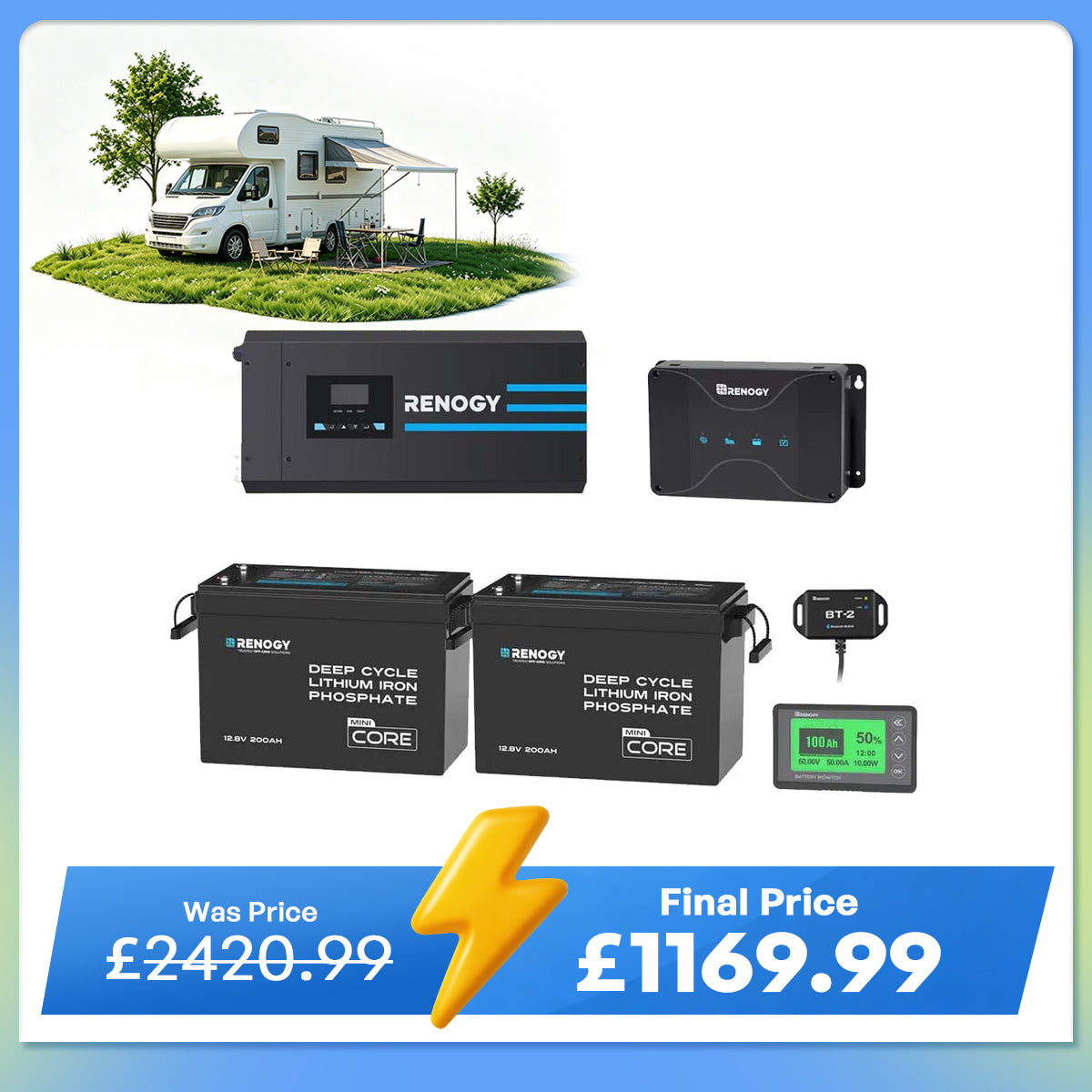 5.12kWh Hybrid Power System | 3000W Inverter Charger, 200Ah LiFePO4 Batteries