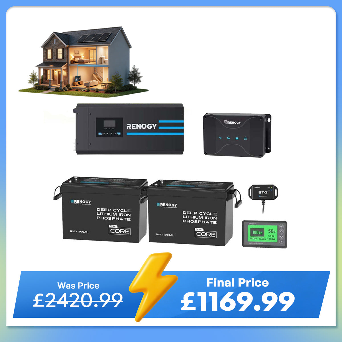 5.12kWh Hybrid Power System | 3000W Inverter Charger, 200Ah LiFePO4 Batteries
