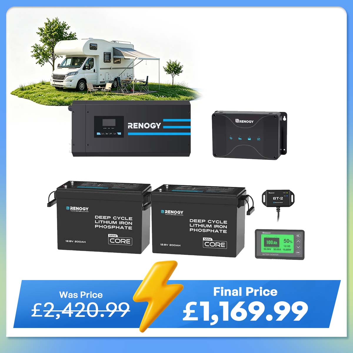 5.12kWh Hybrid Power System | 3000W Inverter Charger, 200Ah LiFePO4 Batteries