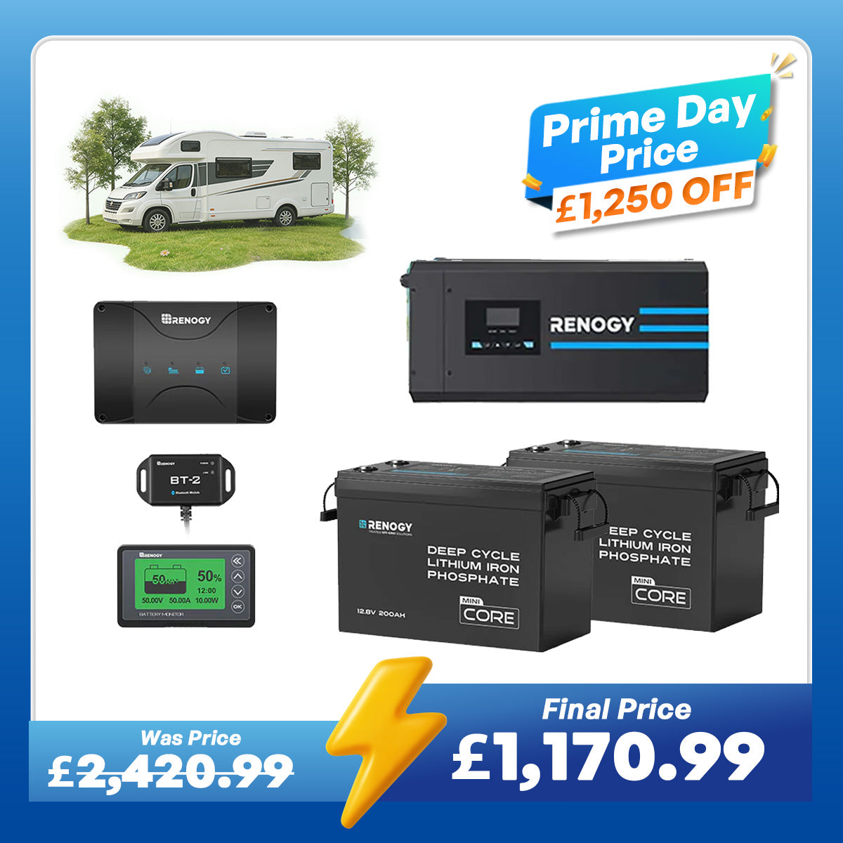 5.12kWh Hybrid Power System | 3000W Inverter Charger, 200Ah LiFePO4 Batteries