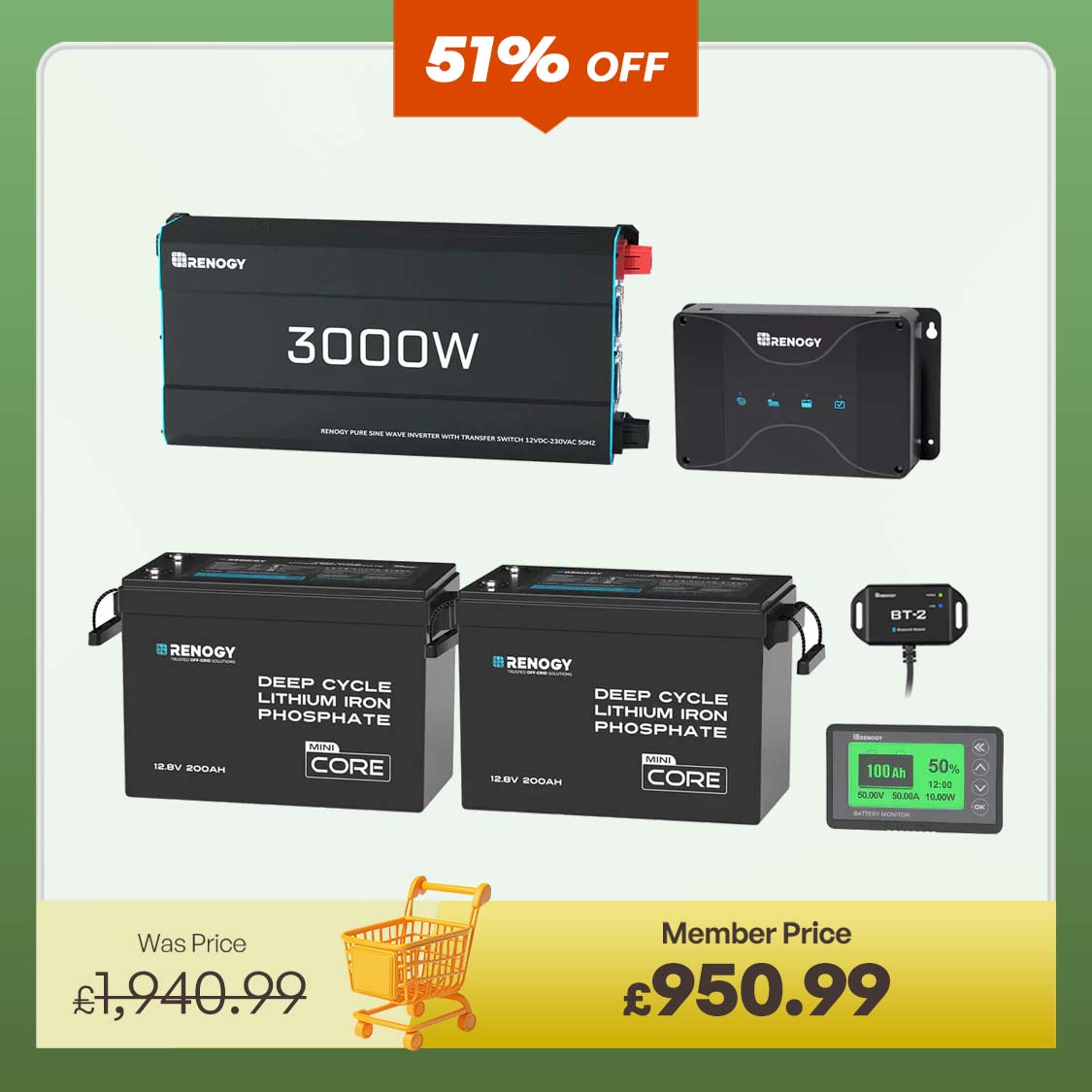 5.12kWh Power Kit | 200Ah LiFePO4 Batteries, 3000W Inverter