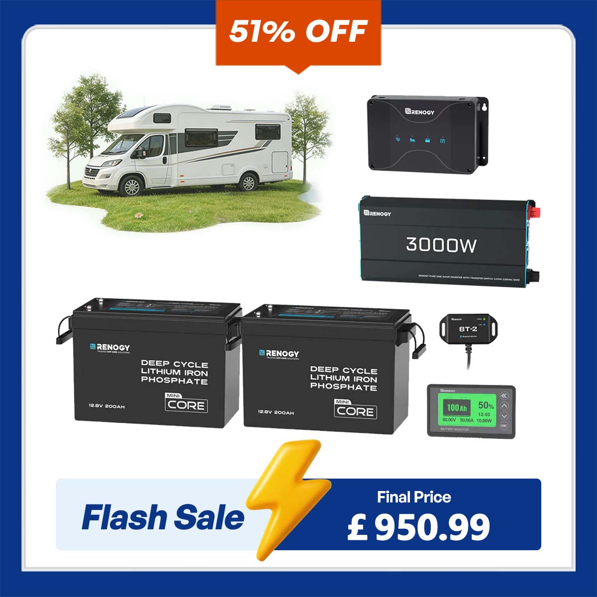 5.12kWh Power Kit | 200Ah LiFePO4 Batteries, 3000W Inverter
