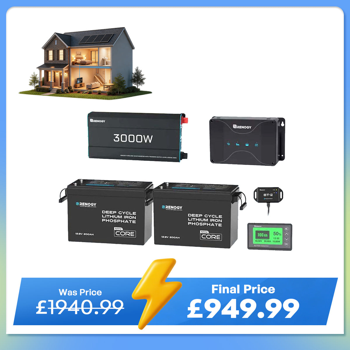 5.12kWh Power System | 200Ah LiFePO4 Batteries, 3000W Inverter