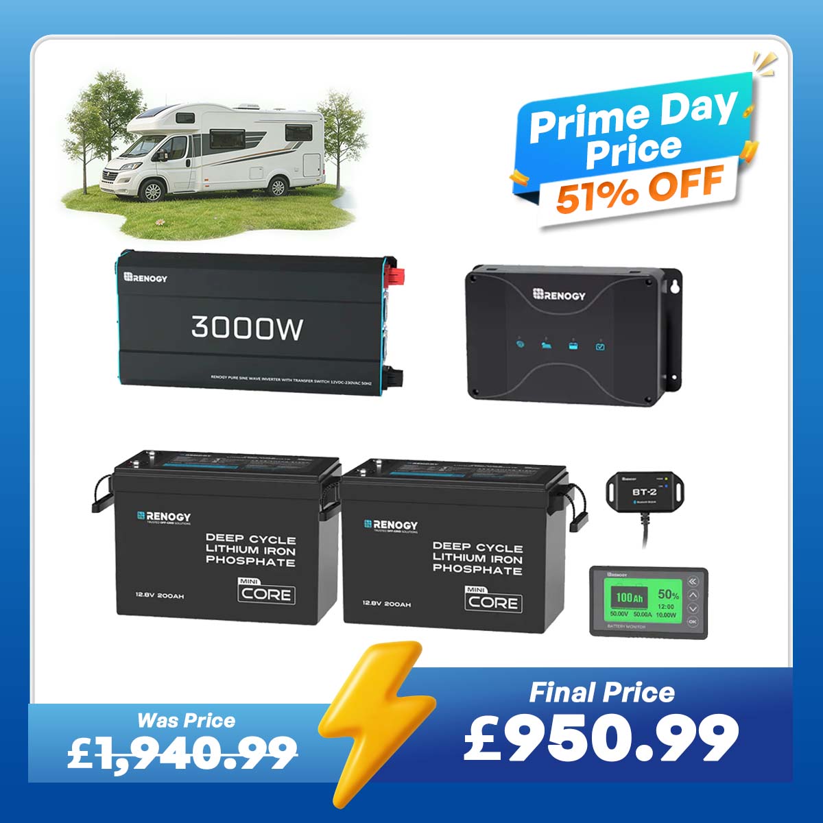 5.12kWh Power System | 200Ah LiFePO4 Batteries, 3000W Inverter