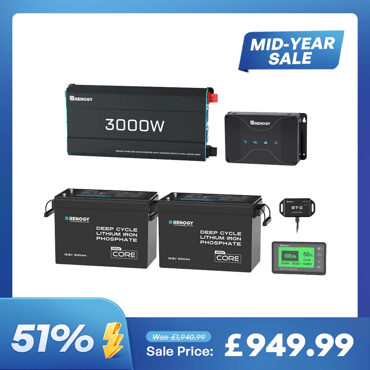 5.12kWh Power System | 200Ah LiFePO4 Batteries, 3000W Inverter