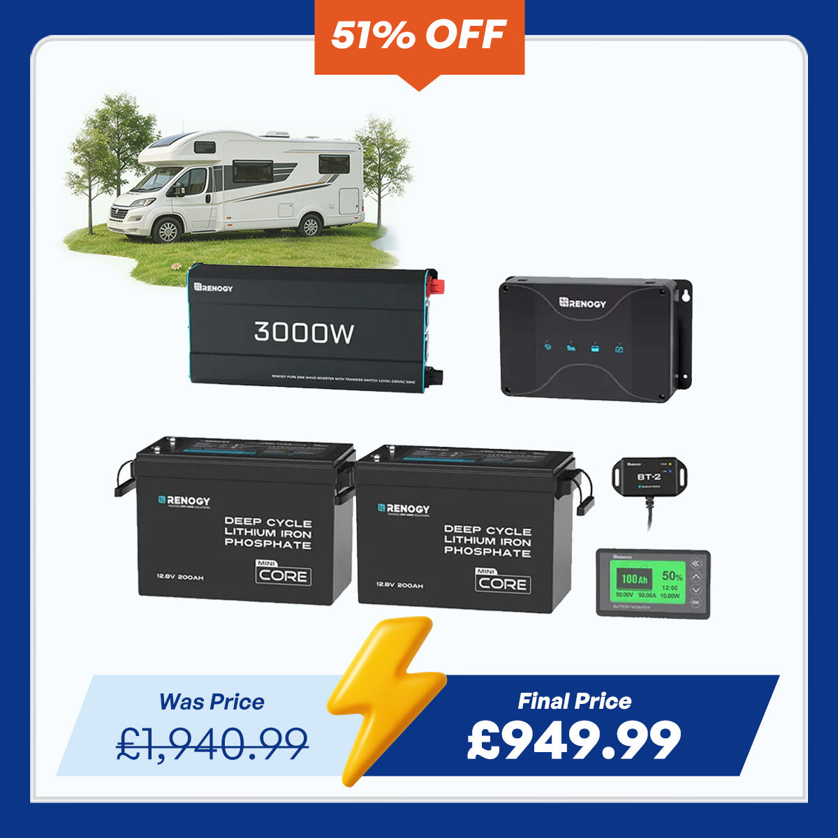 5.12kWh Power System | 200Ah LiFePO4 Batteries, 3000W Inverter
