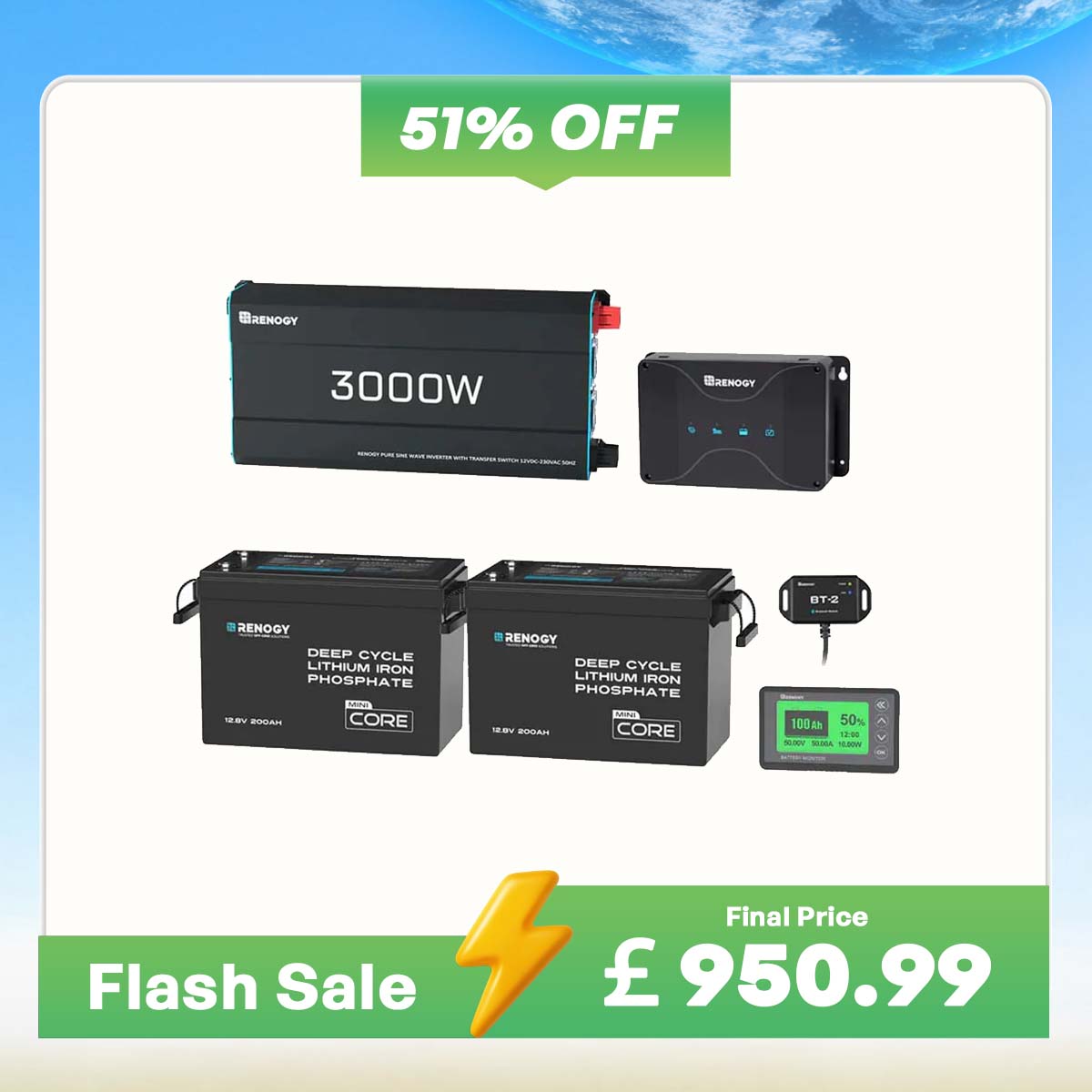 5.12kWh Power Kit | 200Ah LiFePO4 Batteries, 3000W Inverter