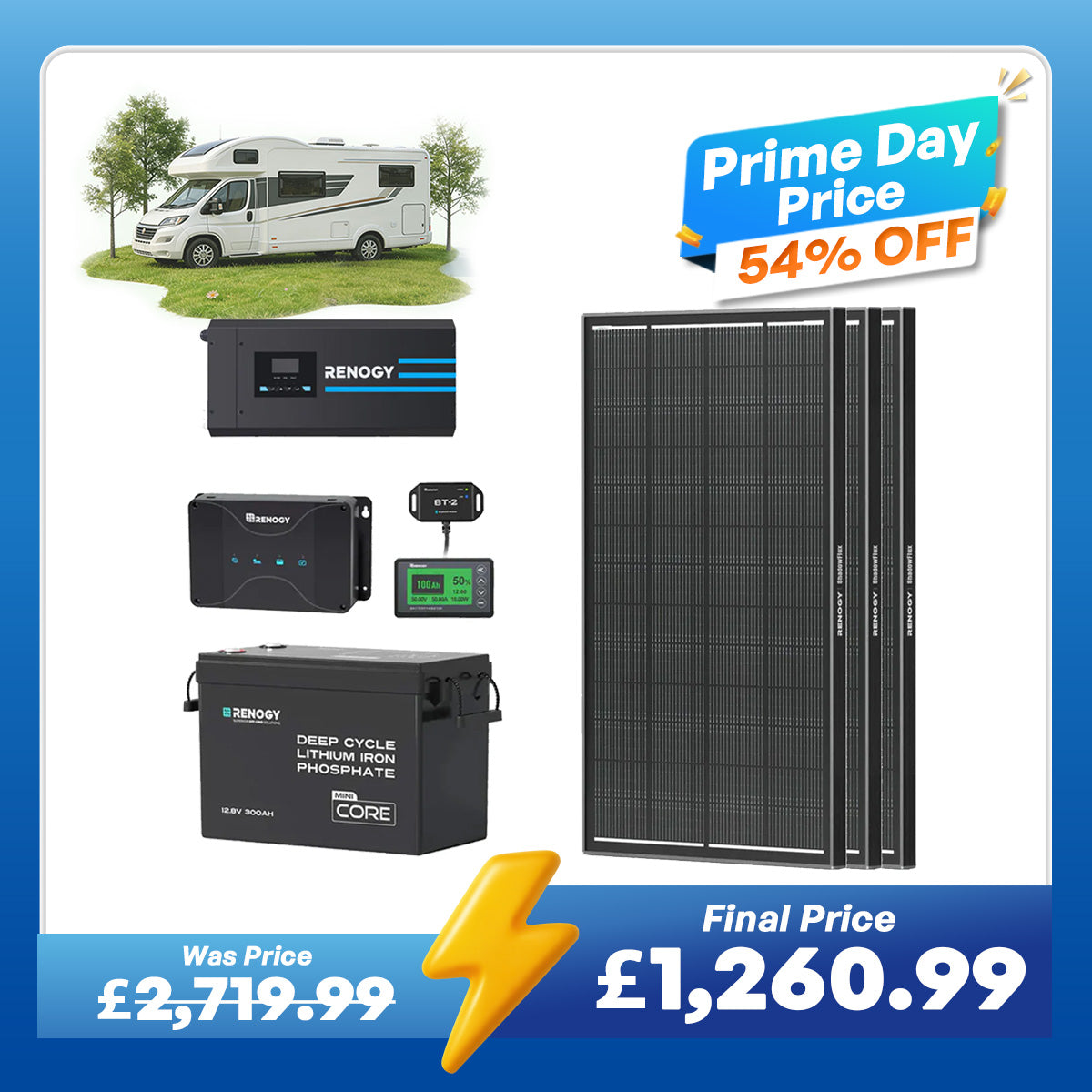 3.84kWh Hybrid Power Kit | 2000W Inverter Charger, 300Ah LiFePO4 Battery