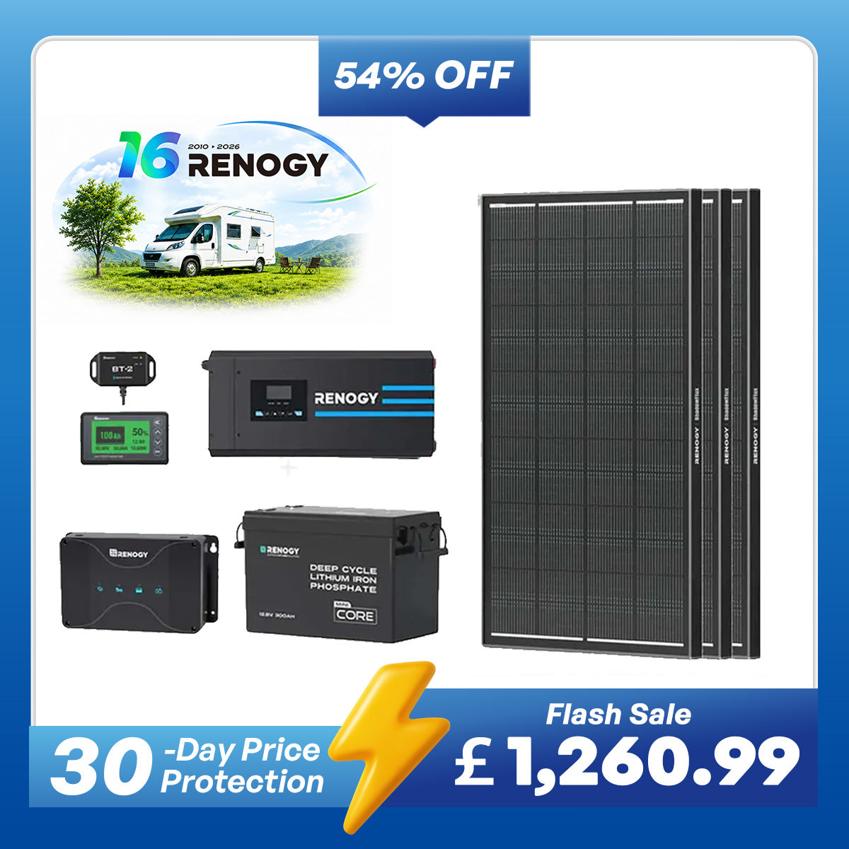 3.84kWh Motorhome Power Kit | 300Ah LiFePO4 Battery, 2000W Inverter