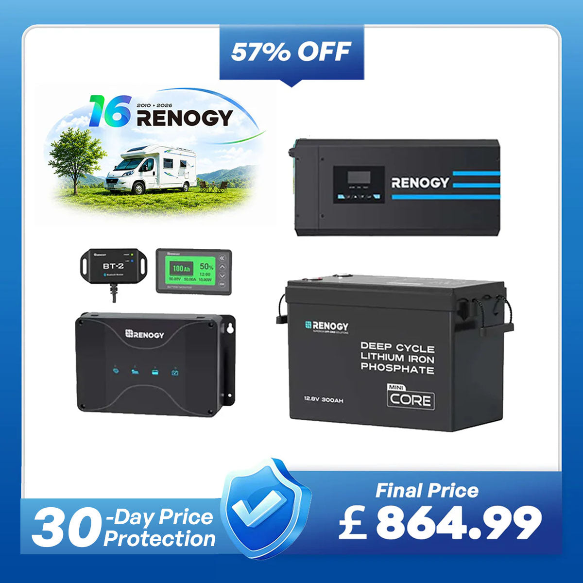 3.84kWh Motorhome Power Kit | 300Ah LiFePO4 Battery, 2000W Inverter