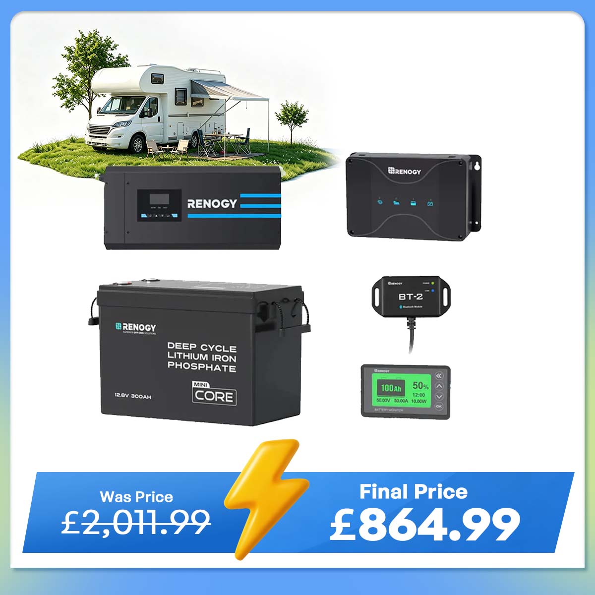 3.84kWh Hybrid Power Kit | 2000W Inverter Charger, 300Ah LiFePO4 Battery