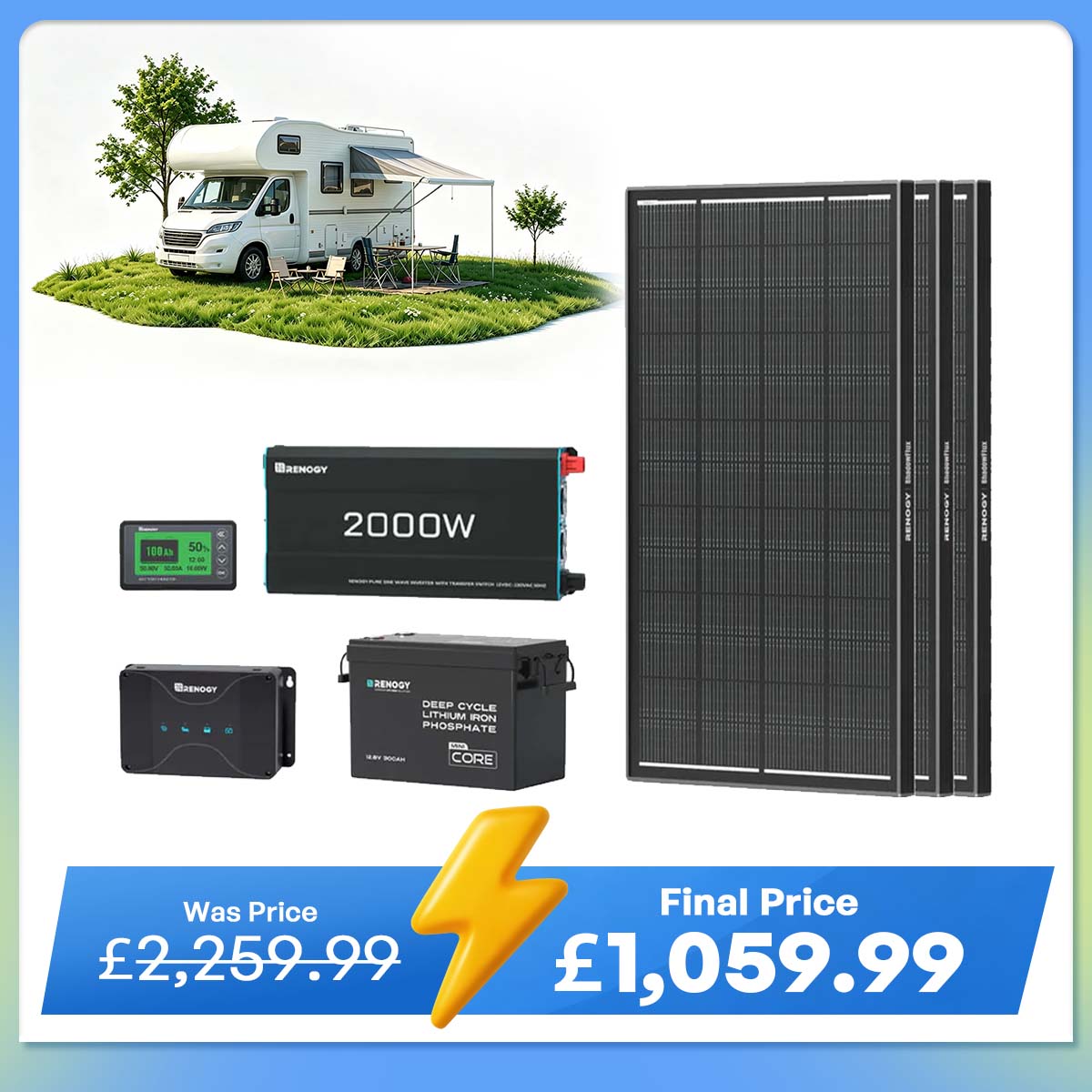 3.84kWh Motorhome Power Kit | 300Ah LiFePO4 Battery, 2000W Inverter