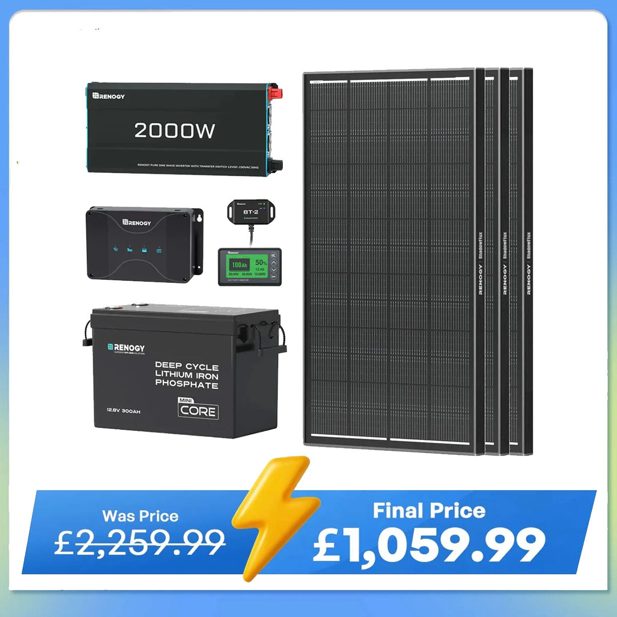 3.84kWh Motorhome Power Kit | 300Ah LiFePO4 Battery, 2000W Inverter