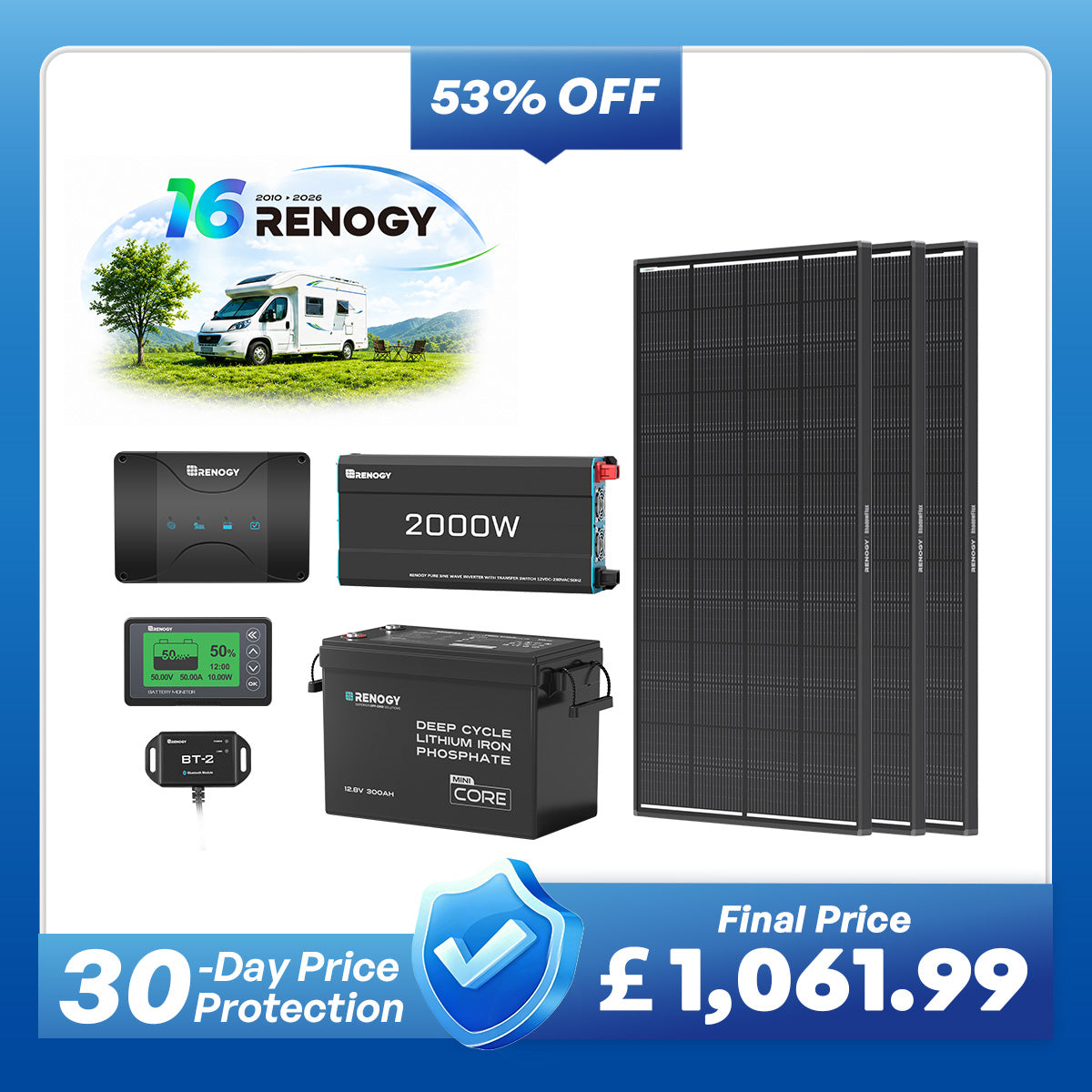 3.84kWh Motorhome Power Kit | 300Ah LiFePO4 Battery, 2000W Inverter