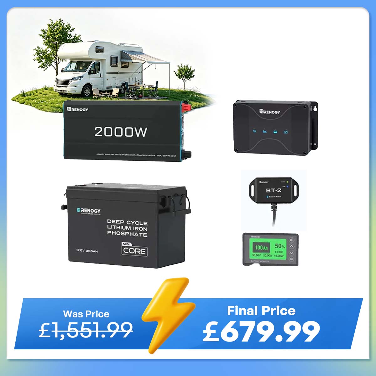 3.84kWh Motorhome Power Kit | 300Ah LiFePO4 Battery, 2000W Inverter
