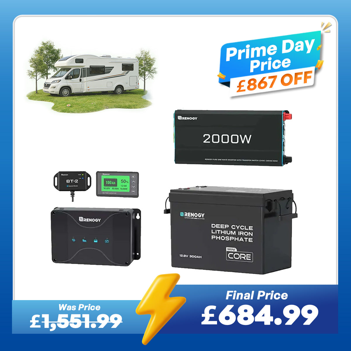 3.84kWh Motorhome Power Kit | 300Ah LiFePO4 Battery, 2000W Inverter